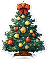 A sticker of a decorated Christmas tree with golden ornaments and a red ribbon bow on top. Playful whimsical style with soft pastel festive tones, flat colors, clean outline, bold lines, and a white b