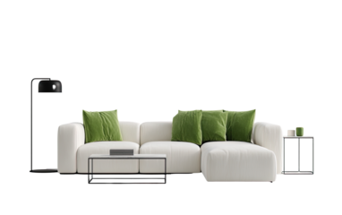 White sectional sofa with green pillows, modern living room