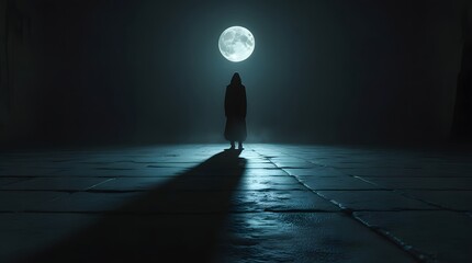 Lone figure standing in dramatic moonlight casting a long shadow