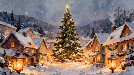 Christmas Snowy Night Village And Christmas Tree Warm Festive Scene