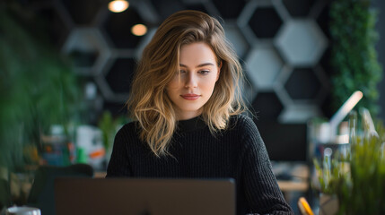 Content strategist in a modern workspace using AI writing tools for branding and storytelling concepts