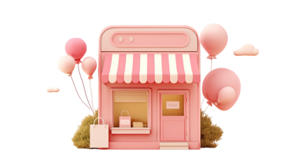 Pink storefront with awning, balloons, and clouds