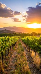 Fototapeta premium Vineyard rows at sunset. Golden light illuminates a path through rows of vibrant green grapevines, reaching toward a mountain range silhouetted against the vibrant sky