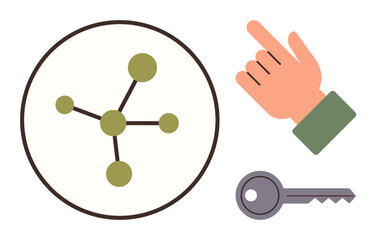 Molecule structure in a circle representing connection, pointing hand for interaction, and key for security. Ideal for networking, access, security, innovation, control interaction simplicity. A