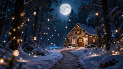 Christmas Snowy Night Warm - Lit Forest Cabin Cozy Festive Atmosphere Scene