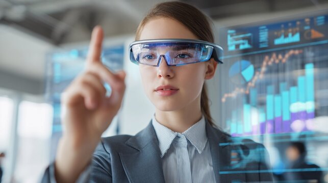 professional using augmented reality glasses to view digital B2B product catalogues and marketing charts in a futuristic business environment with clear space for copy female executive AR technology 