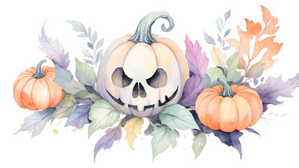 halloween jack-o-lantern pumpkin and autumn leaves isolated pastel color orange purple green