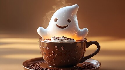 Whimsical ghost marshmallow floats in a steaming coffee cup