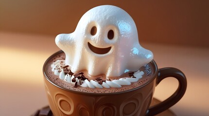 Adorable ghost meringue topping a warm cup of hot chocolate