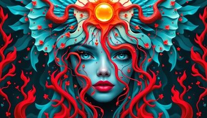 A striking fantasy portrait of a person adorned with vibrant, organic red tendrils that flow from their head downwards