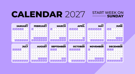 Calendar 2027 application style and the week starts on Sunday