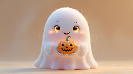 Adorable cartoon ghost holding a glowing jack o lantern for halloween