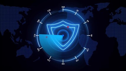 A futuristic cyber security concept featuring a global digital shield with radar scanning across a world map, glowing elements highlighting active protection, threat detection, and network security. - Powered by Adobe
