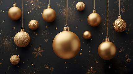 Glistening golden ornaments suspended against a dark, festive background, creating a warm ambiance.