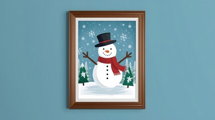 A festive snowman art piece hangs against a light blue wall, bringing a touch of winter cheer indoors.
