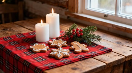Christmas Window Sill Arrangement Candle Cookie Pine Branch Festive Atmosphere Elements