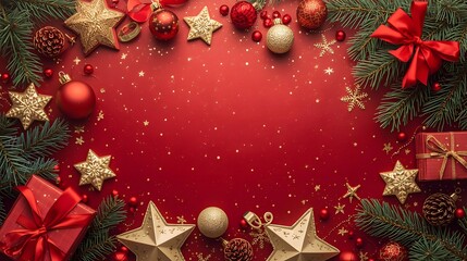 A vibrant red backdrop adorned with festive ornaments, creating a cozy Christmas celebration scene.