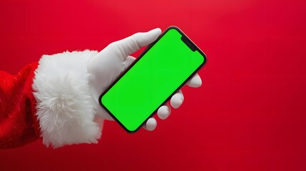 Hand in white glove holding a mobile device with a bright green screen against a vibrant red background.