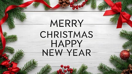 Celebrate the season with festive greetings amidst pine, ribbons, and cheerful holiday decorations.