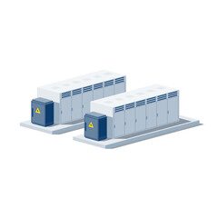Rechargeable battery energy storage power bank stationary for renewable energy. Industry utility scale system for electricity distribution transmission grid. Isolated vector illustration on white. 