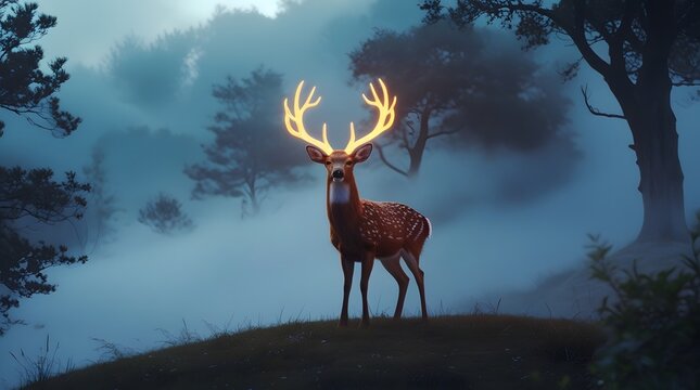 Majestic deer with glowing antlers stands proudly in misty forest