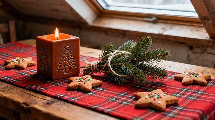 Christmas Table Setting Candle Pine Branch Cookie Festive Warm Elements