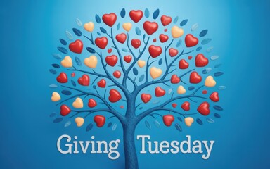 Giving tuesday tree with heart leaves on blue background for social media post
