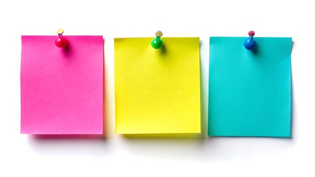 Three colorful sticky notes pinned to a white background with a pushpin in each one