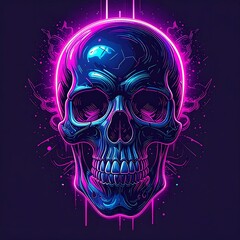 Digital illustration of a glowing neon skull on dark background