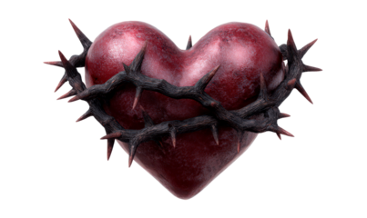 Heart Pierced by Thorns Symbolizing Love and Pain Isolate on Transparent Background, cutout, png