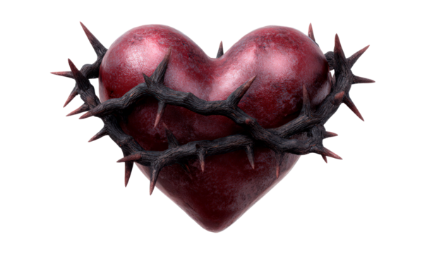 Heart Pierced by Thorns Symbolizing Love and Pain Isolate on Transparent Background, cutout, png
