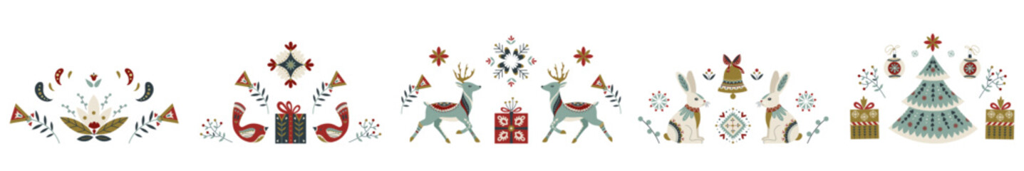 Set of charming symmetrical folk Christmas illustrations with deer, birds, rabbit, gifts and festive tree. Scandinavian style in trendy tones. Cozy holiday vector for cards, posters and winter decor