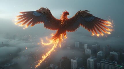 Majestic fiery phoenix soaring above a misty cityscape