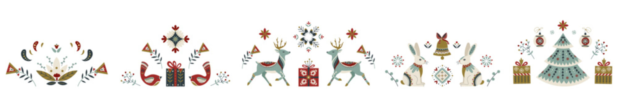 Fototapeta Set of charming symmetrical folk Christmas illustrations with deer, birds, rabbit, gifts and festive tree. Scandinavian style in trendy tones. Cozy holiday vector for cards, posters and winter decor