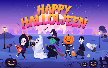 Funny cute children wearing Halloween costumes and walking down the street looking for candy.