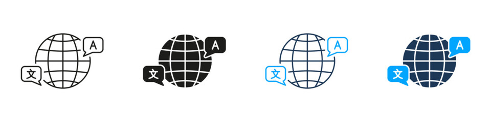 Global Translation Network Line And Solid Icon Set. Planet And Multilingual Chat Bubble Symbol Collection For International Communication And Language Localization. Isolated Vector Illustration