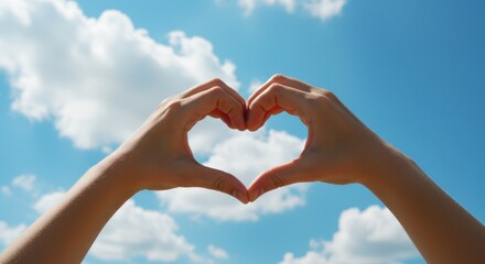 Hands form a heart shape against a bright blue sky with clouds.