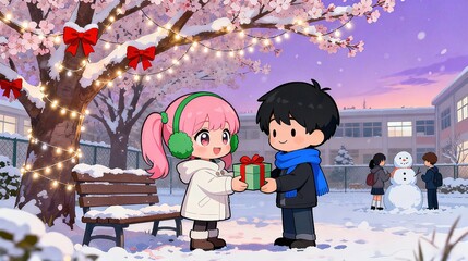 By Christmas Cherry Blossom Tree Cartoon Characters Interacting Festive Scene Elements