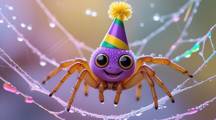 Adorable cartoon spider wearing a party hat on a dewy web