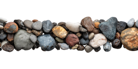 Colorful pebbles, various sizes, arranged in a horizontal band