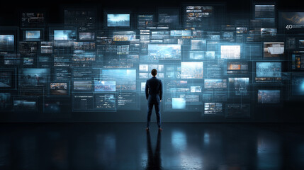 Creative director observing virtual holograms of ad campaigns and social media posts generated by A