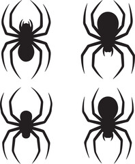 Silhouettes of four spiders in black over a white background