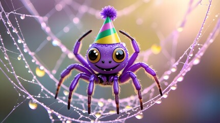 Adorable purple spider wearing a party hat on a dewy web