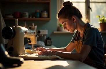 A young seamstress works at a vintage sewing machine, sewing light fabric in a cozy, sunlit workshop. A home sewing studio.