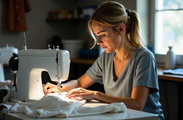 Woman sewing clothes on a sewing machine in her workshop. Sewing business.