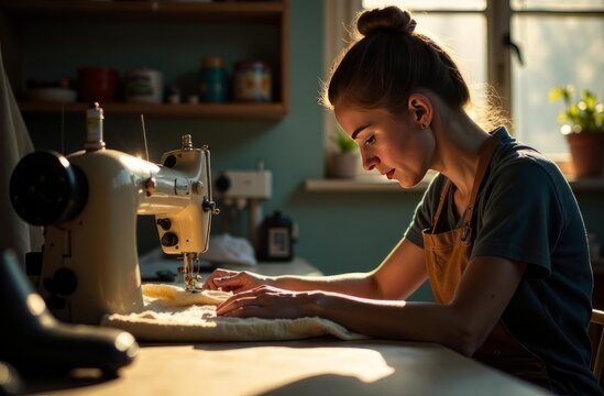 A young seamstress works at a vintage sewing machine, sewing light fabric in a cozy, sunlit workshop. A home sewing studio.