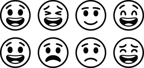 Black and white emojis displaying different emotional expressions flat vector illustration