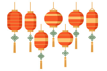 Festive arrangement of traditional Asian paper lanterns with decorative tassels