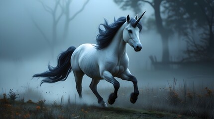 Majestic white unicorn galloping through a misty enchanted forest