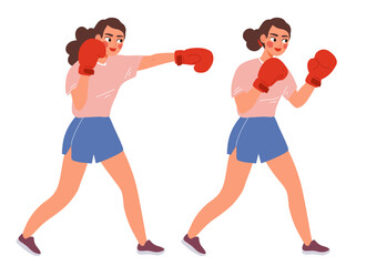 Female boxers practicing punches and defense moves. Woman in boxing gloves and sportswear training in a gym. Flat vector illustration of boxing, fitness, and self-defense for women.